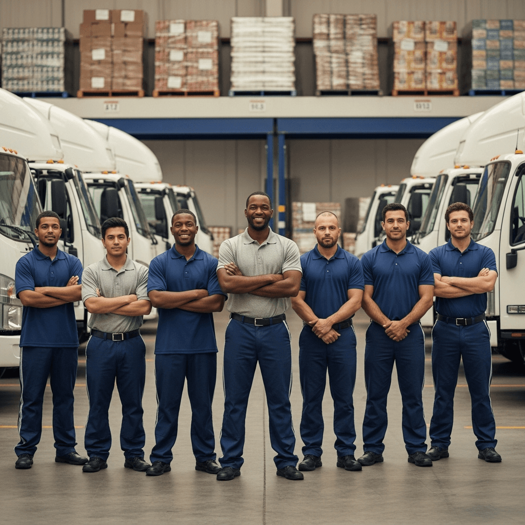 Diverse group of US Foods drivers at distribution center