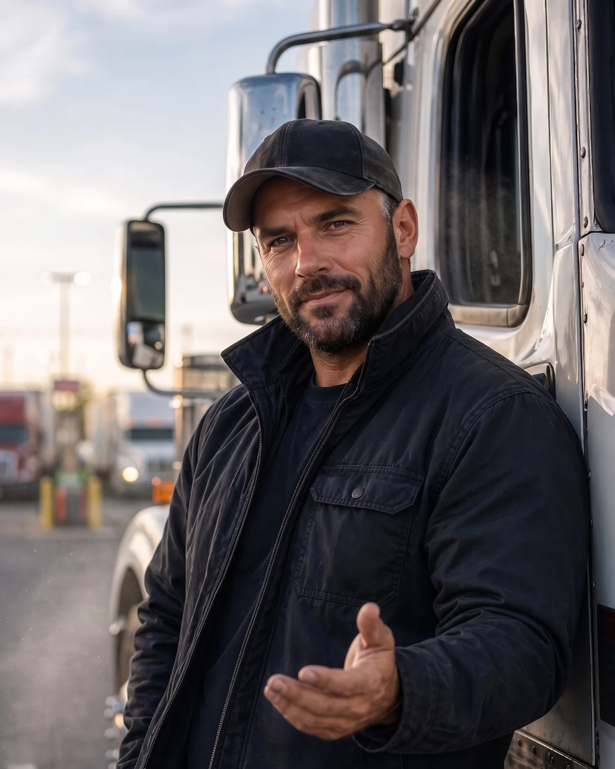 An experienced CDL-A driver beside a white day cab looking directly toward the viewer